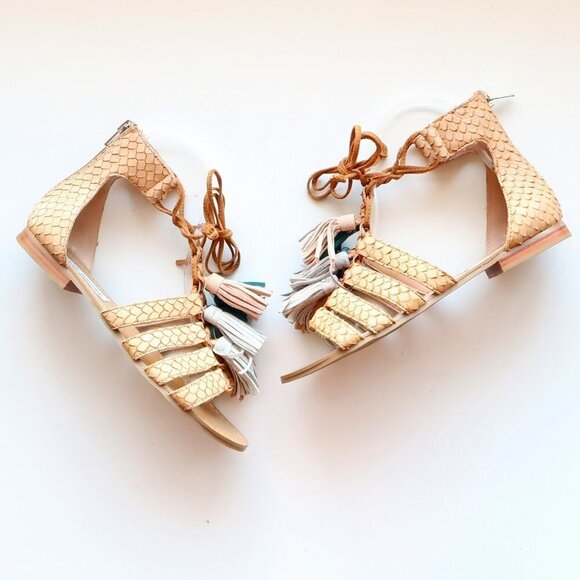 Steve Madden Monrowe Tan Leather Ankle Tie Tassel Gladiator Sandals Summer Shoes - Picture 6 of 15